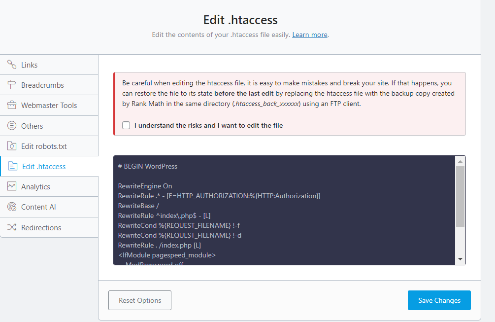 Edit .htaccess trong Rank Math SEO