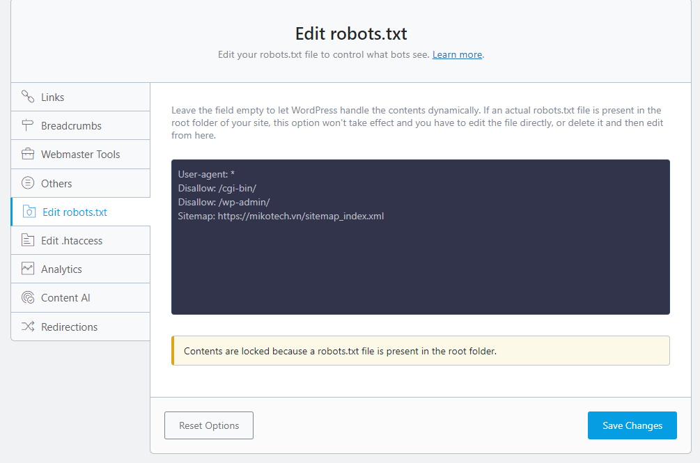 Edit robots.txt trong Rank Math SEO