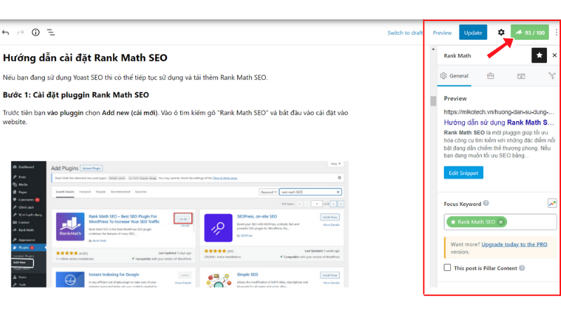 Khung Rank Math bên góc phải khung soạn thảo