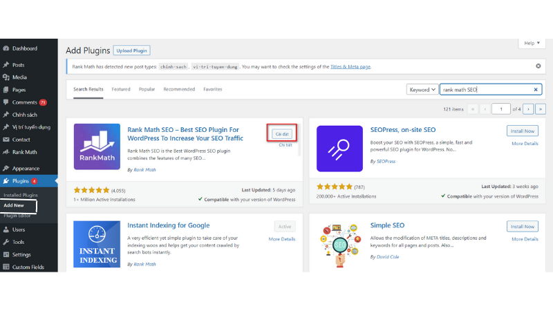 Tìm kiếm và tiến hành cài đặt plugin Rank Math SEO