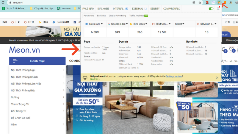 Hiển thị SEOquake sau khi cài đặt