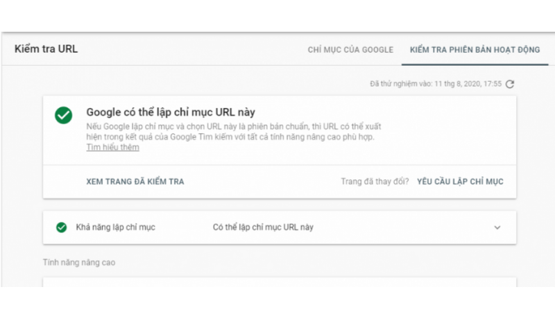 Kết quả kiểm tra trên Google Search Console khi URL đã được Google index