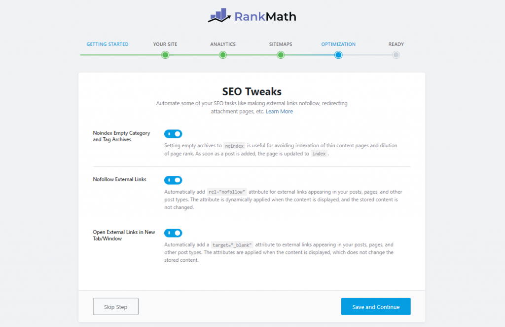 Thiết lập SEO Tweaks ở mục Optimization