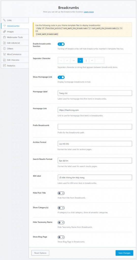 Thiết lập Breadcrumbs trong Rank Math SEO