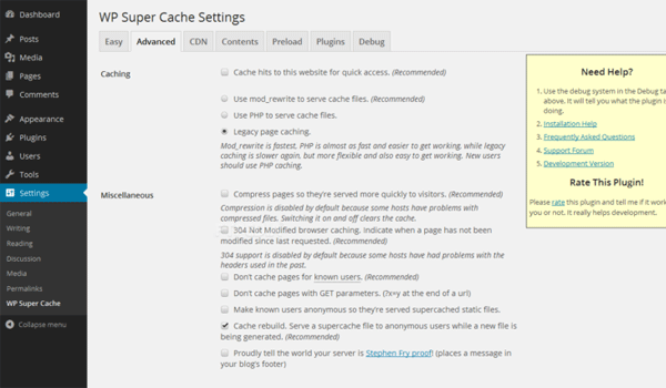 Giao diện của WP Super Cache