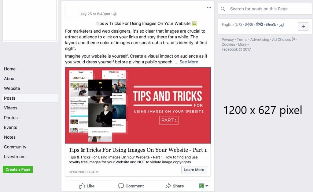 Kích thước ảnh Facebook khi chia sẻ link 