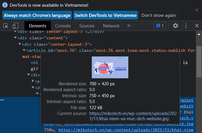 Thông số hình ảnh đó sẽ xuất hiện