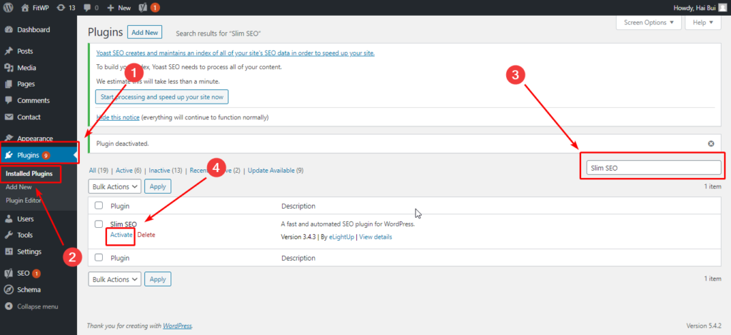 Quay trở lại Admin Dashboard để kích hoạt Plugin