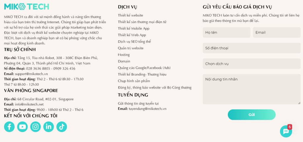 Ví dụ minh họa cho Footer trên website mikotech.net