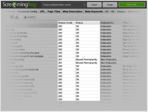 Screaming Frog - Trạng thái kiên kết