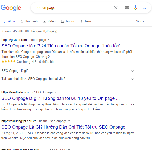Trang kết quả tìm kiếm SEO Onpage trên Google