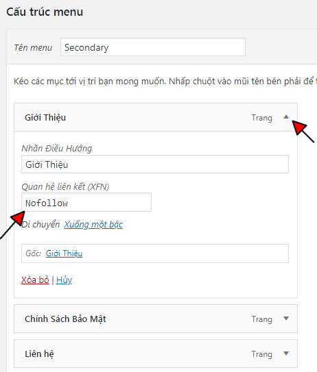 Cài đặt Nofollow Menu