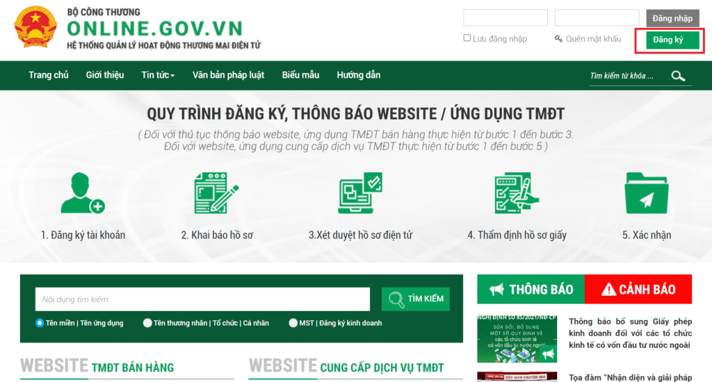 Chọn "Đăng ký" sau khi truy cập vào website www.online.gov.vn