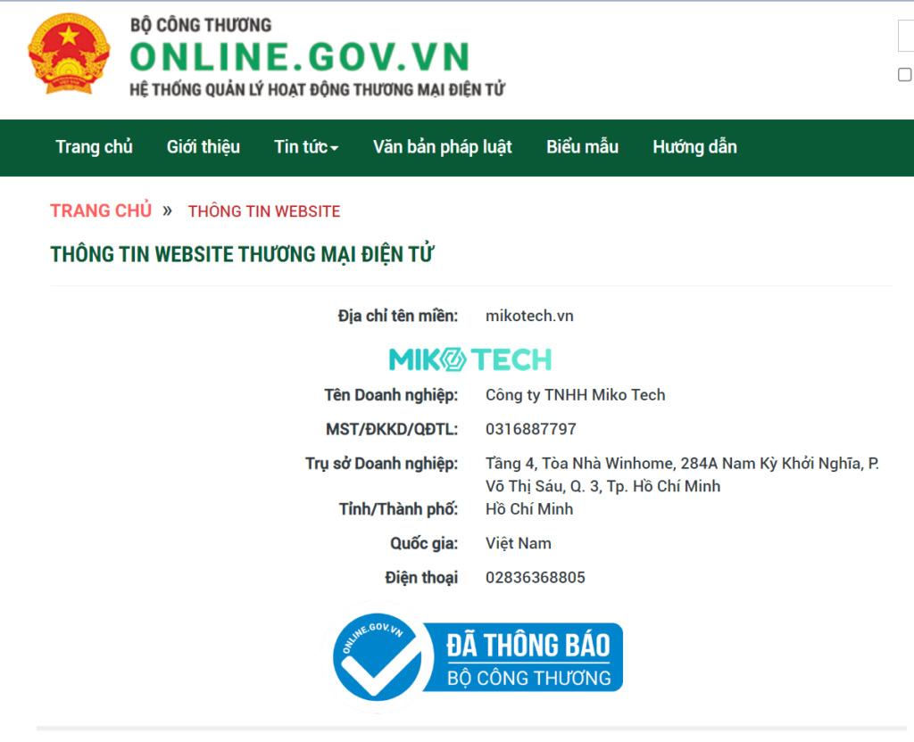 Kết quả hiển thị sau khi nhấp chọn vào logo "Đã thông báo Bộ Công thương" của Miko Tech