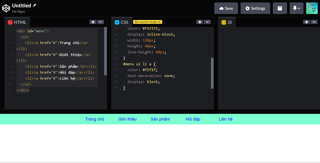 Kết quả thu được sau khi thêm các dòng code trang trí menu
