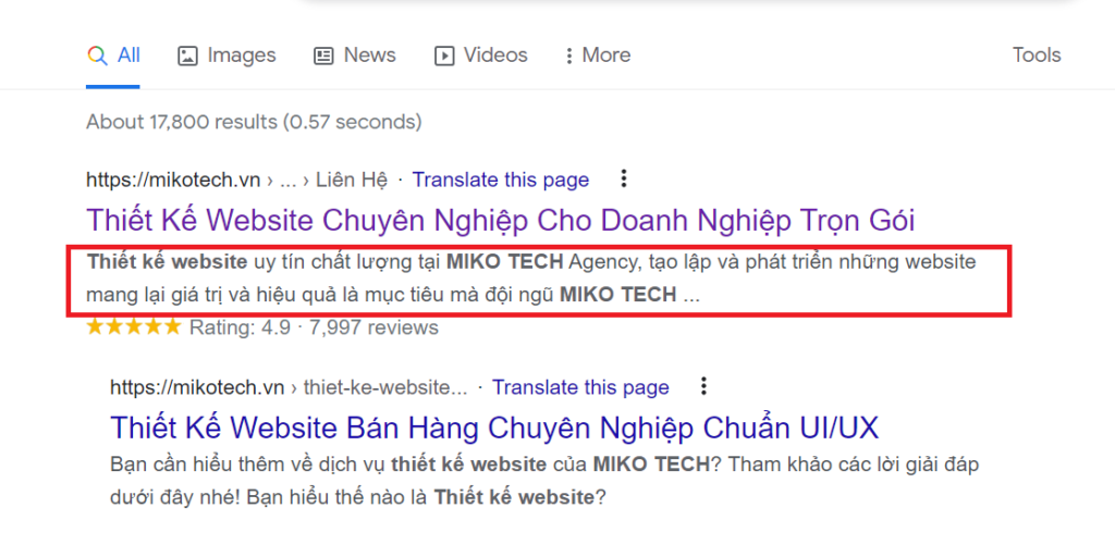 Meta Description (đoạn mô tả) xuất hiện trong kết quả tìm kiếm về "thiết kế website Miko Tech".