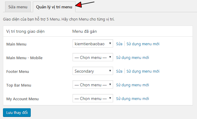 Quản lý vị trí menu