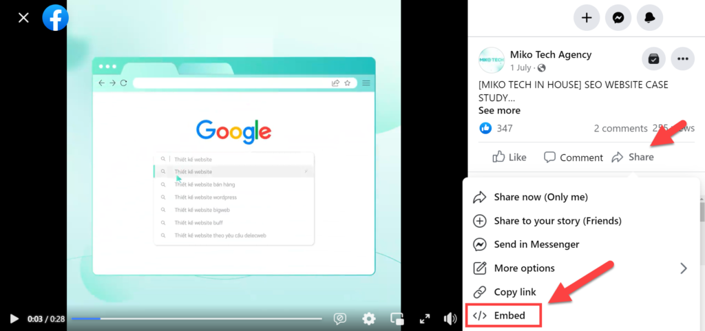 Chọn video Facebook nhúng vào website