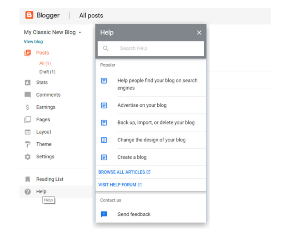 Tùy chọn trợ giúp của Blogger