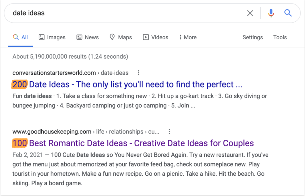 Ví dụ từ khóa "date ideas" - ahrefs.com