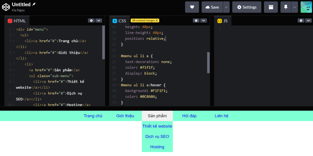 Thành quả code cuối cùng của menu ngang dropdown.