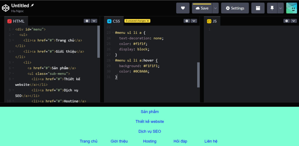 Kết quả của menu dropdown sau khi code cơ bản CSS và HTML