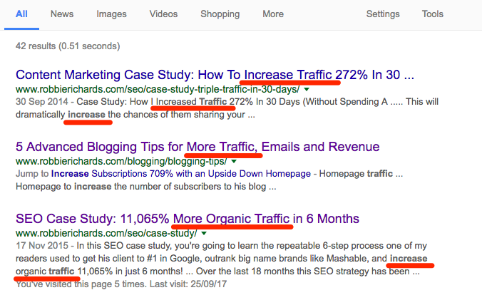 Kết quả hiển thị các trang trên website của Robbie có liên quan nhất đến việc tăng lưu lượng truy cập.