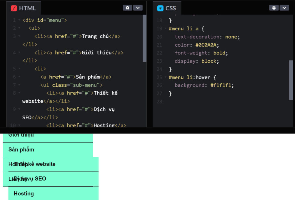 Menu dọc dropdown cơ bản sau khi viết HTML và CSS.