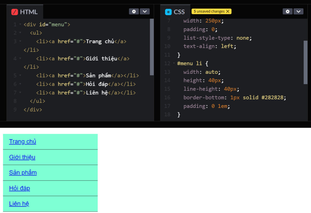Menu dọc có được sau khi viết CSS cho thẻ <li>