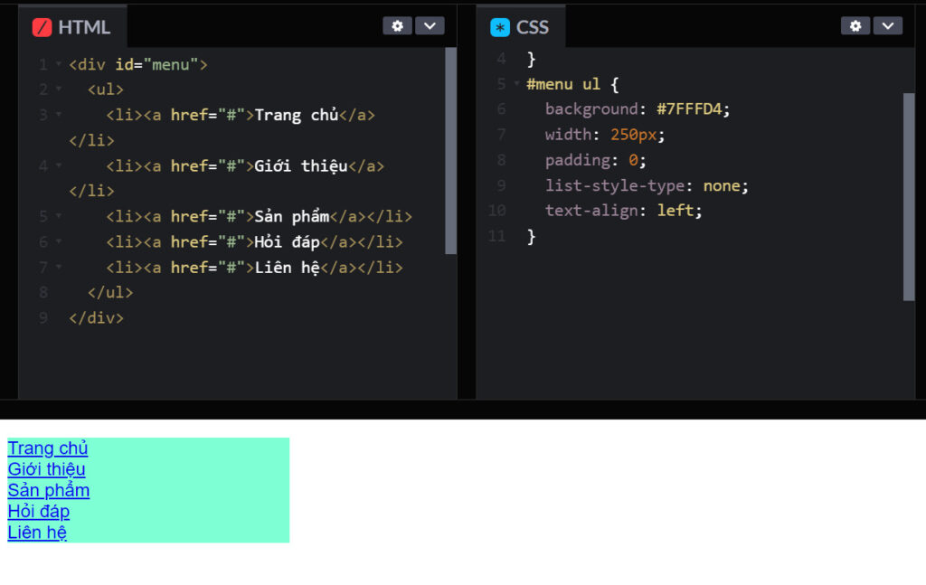 Menu dọc thu được sau khi viết HTML và CSS chỉnh style cơ bản