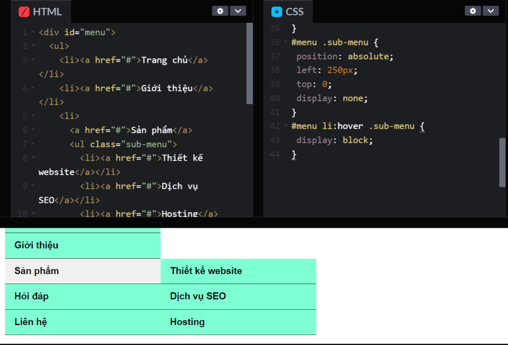 Thành quả menu dọc dropdown