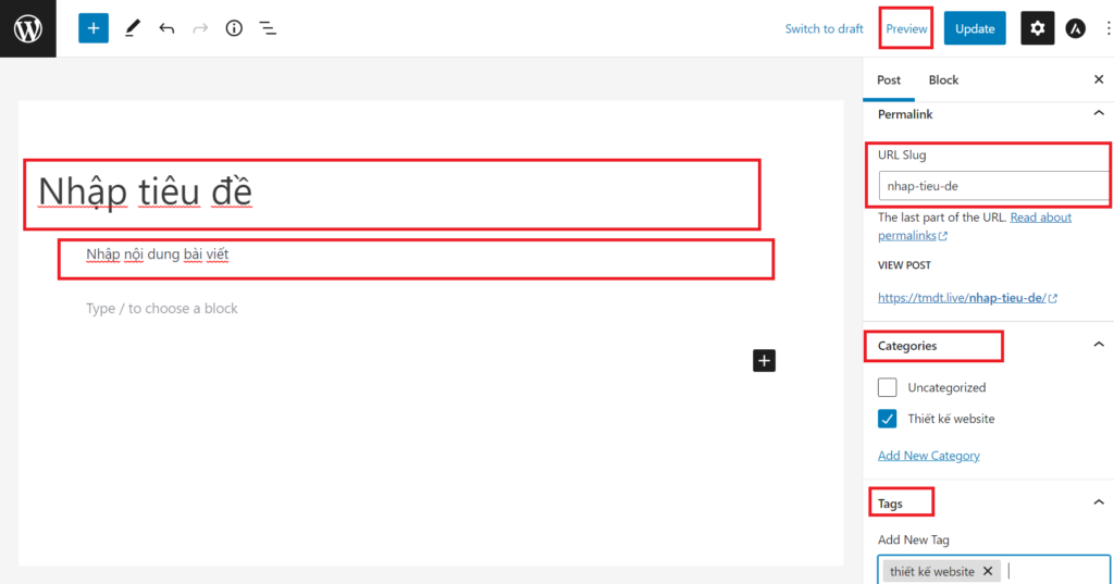Giao diện WordPress để thêm bài viết.