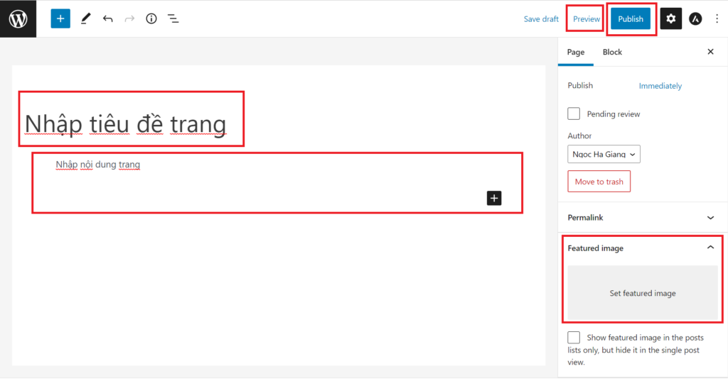Giao diện hiển thị để thêm trang (pages) mới trong WordPress.