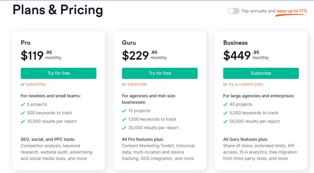 Các gói SEMrush và giá cả.