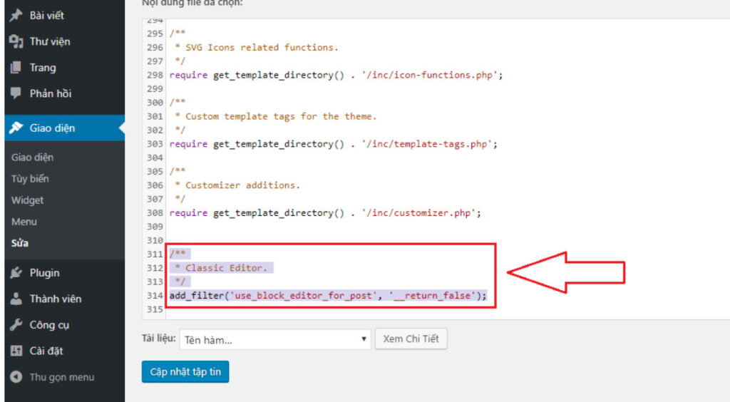 Chèn mã code vào function.php