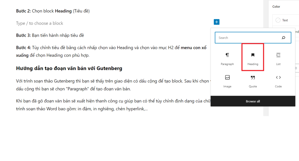 Chọn Heading để tạo tiêu đề