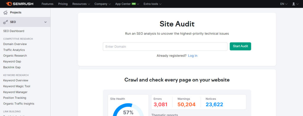 Nhập tên miền và chọn Site audit
