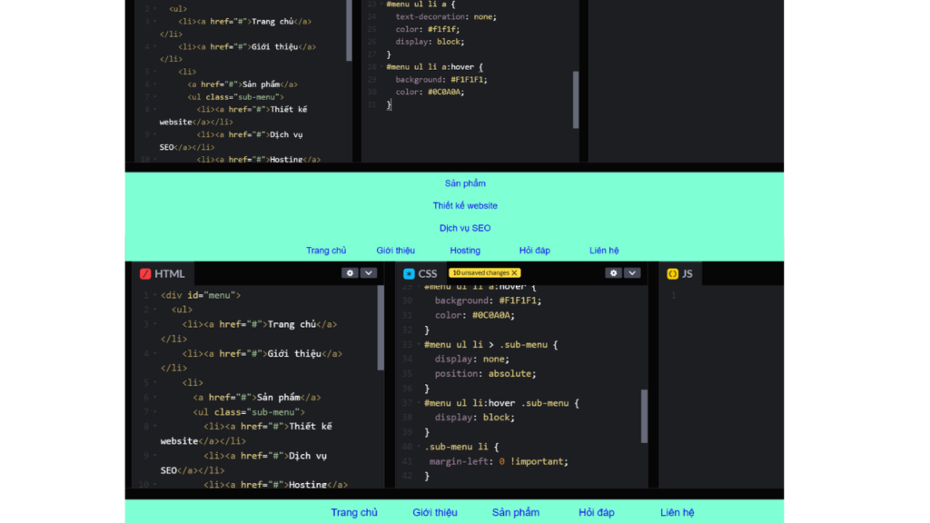 Kết quả của menu dropdown sau tùy biến lại ".sub-menu"