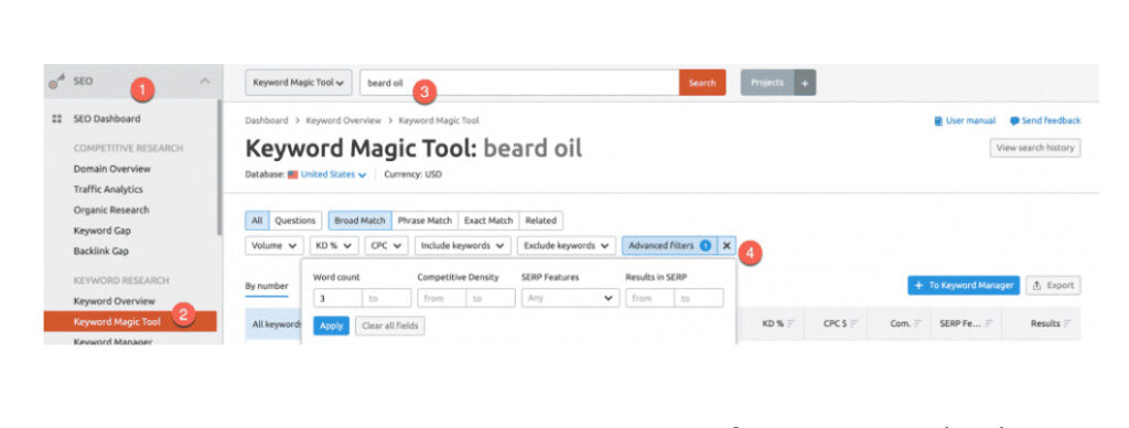 Sử dụng Keyword Magic Tool để lọc từ khóa dài