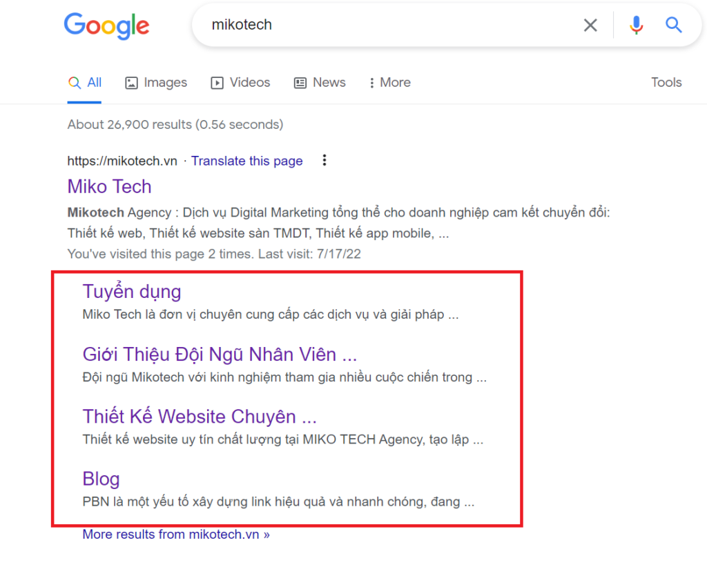 Sitelink (liên kết bổ sung) giúp tăng điều hướng website.