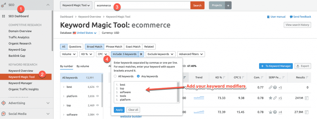 Dùng Keyword Magic Tool để lọc từ khóa theo các từ bổ nghĩa.