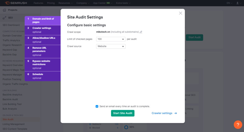 Nhập số lượng website và nhấn Start Site Audit