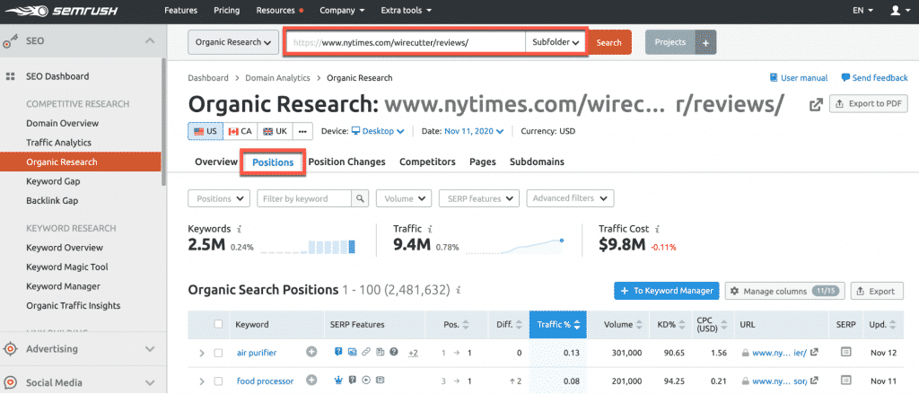 Nhập URL thư mục con trên SEMrush.