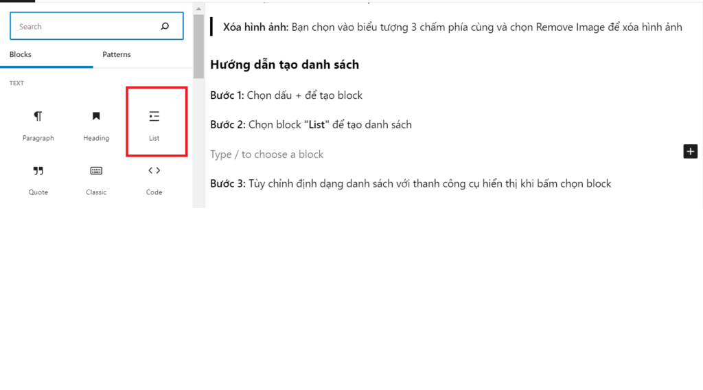 Chọn "List" để tạo danh sách
