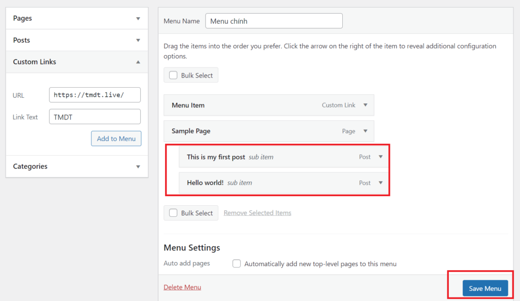 Tạo menu con bằng cách kéo thụt về bên phải.