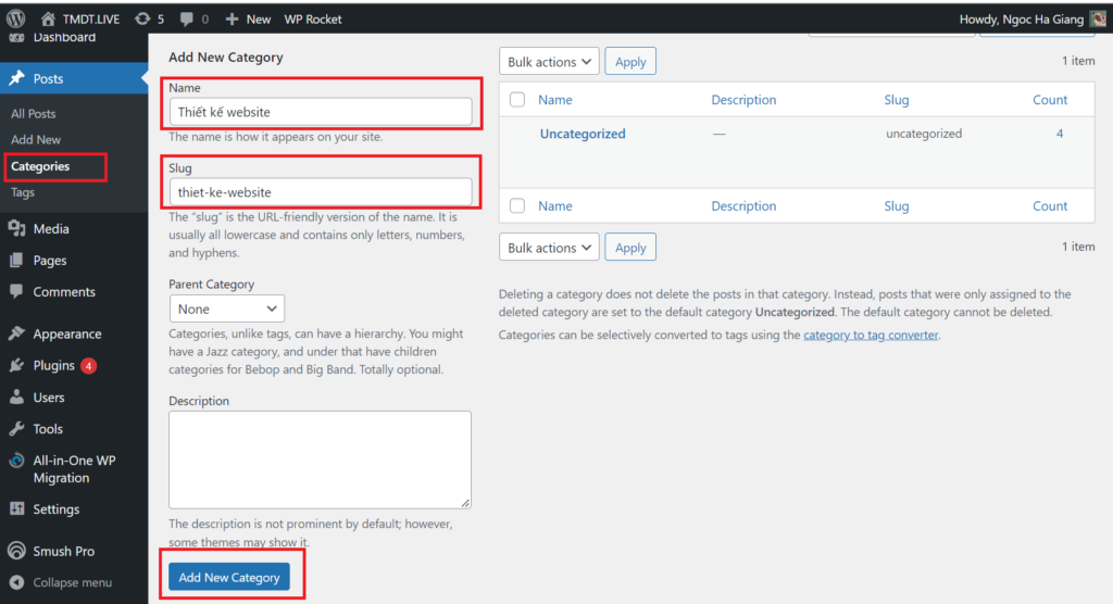 Giao hiện hiển thị để thêm chuyên mục (categories) trong WordPress.