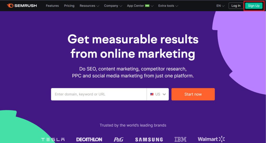 Truy cập Trang đăng ký của SEMrush và Sign Up (đăng ký)