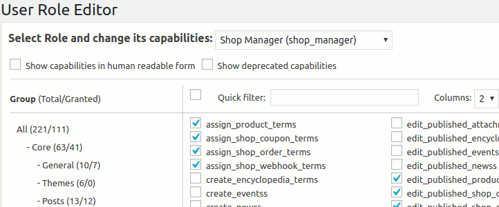 User Role Editor là plugin giúp thêm hoặc lượt bỏ quyền hạn bằng cách chọn và bỏ chọn.
