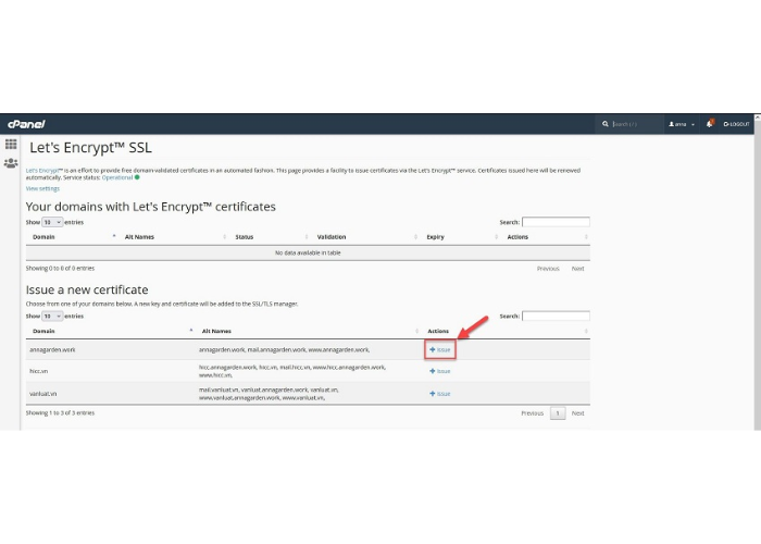 Chọn Issue để cài đặt SSL miễn phí