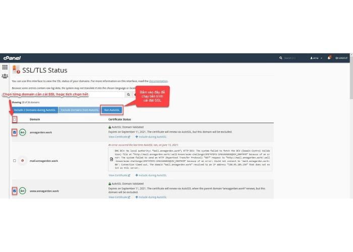 Chọn Run AutoSSL để cài đặt SSL